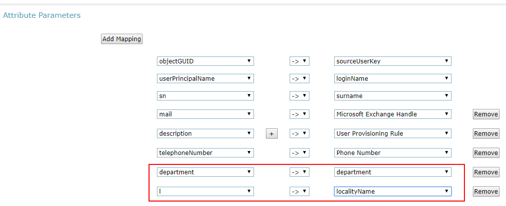 A screen shot of the Attribute Parameters table on System Manager, where the department and l LDAP atrributes are mapped to department and localityName System Manager attributes respectively.