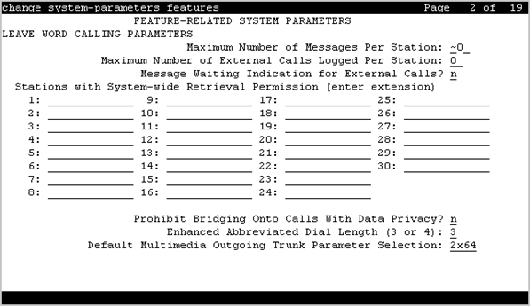 The screenshot of page 2 of the Feature-related system parameters screen