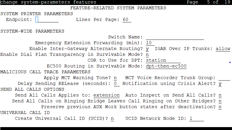 The screenshot of page 5 of the Feature-related system parameters screen