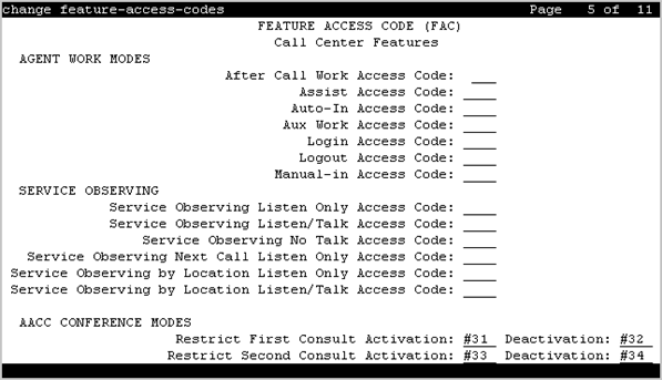 The screenshot of page 5 of the Feature Access Codes screen