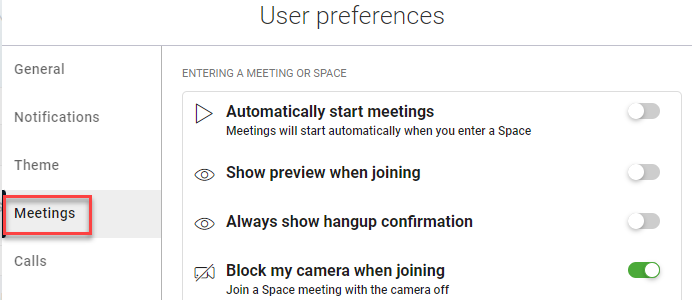 Meetings tab in the User preferences window