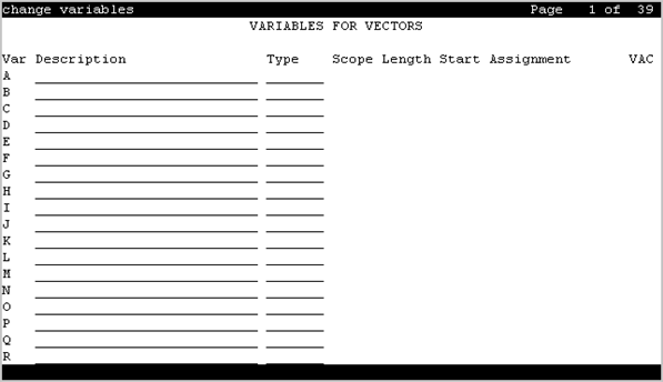 The screenshot of the Variables for Vectors screen