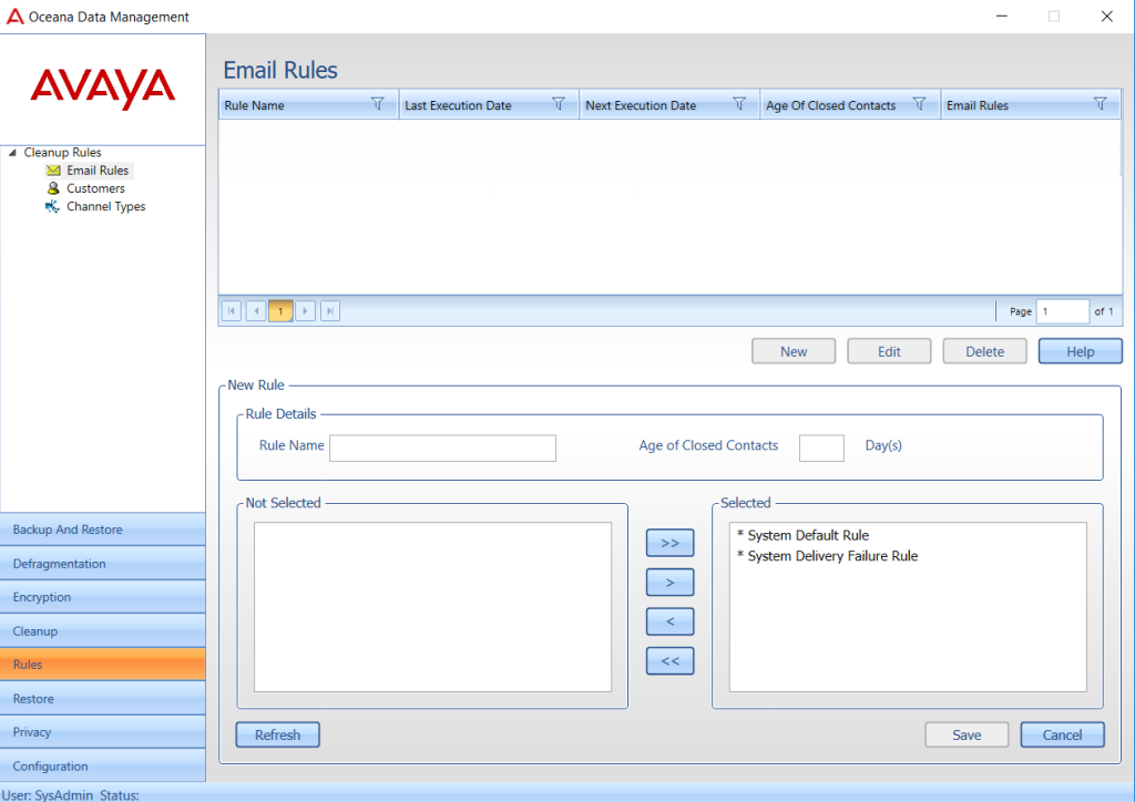 A screenshot of CCMM Archive Administration with the EMail Rules option selected. Use this interface to create an archive rule to select contacts for a scheduled archive task.