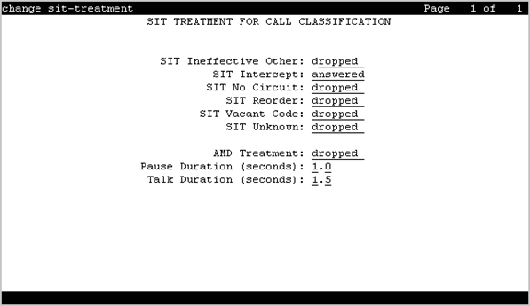 The screenshot of the SIT Treatment for Call Classification screen