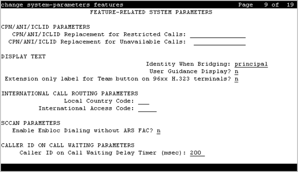 The screenshot of page 9 of the Feature-related system parameters screen