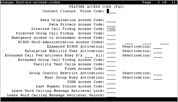 The screenshot of page 2 of the Feature Access Codes screen