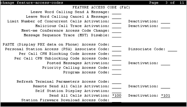 The screenshot of page 3 of the Feature Access Codes screen