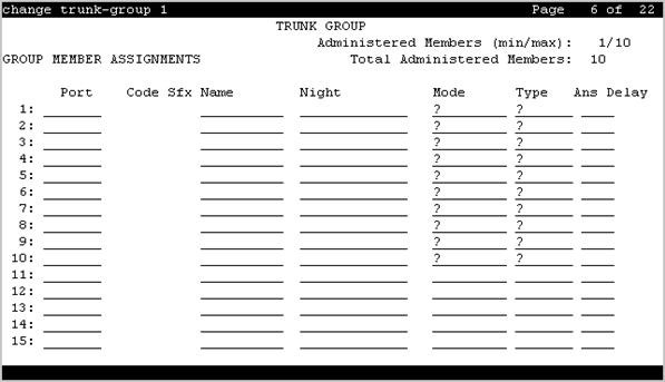 The screenshot of the Group Member Assignments page of the trunk group screen