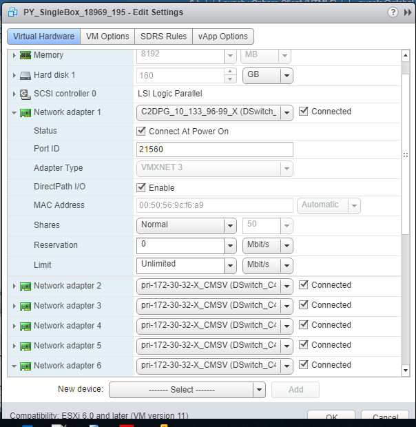 Display of the VMware console output for the Virtual Hardware network adapters.