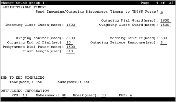The screenshot of the Administrable Timers page of the trunk group screen