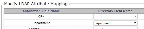 A screen shot of the Modify LDAP Attribute Mapping table, where the City and Department application attributes are mapped to the l and department LDAP attributes respecitvely.