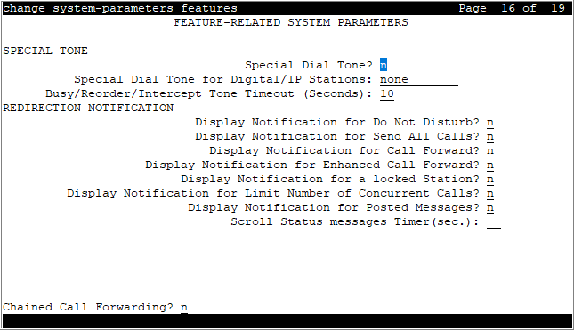 The screenshot of page 16 of the Feature-related system parameters screen