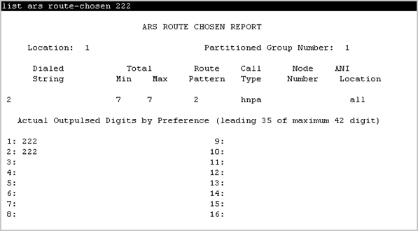Illustrates the ARS Route Chosen report screen.