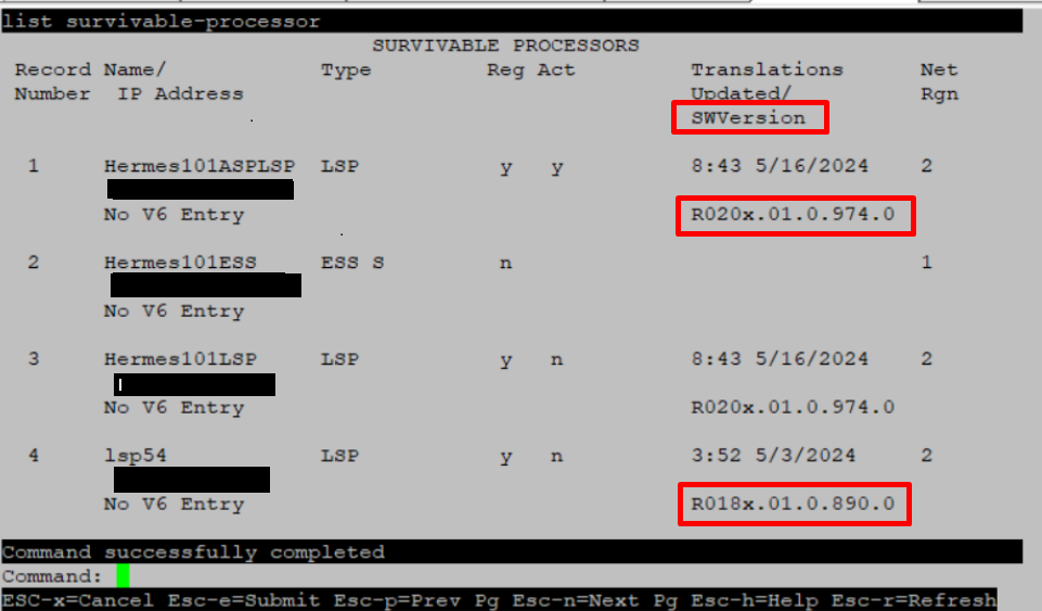 List- Survivable processors with software version