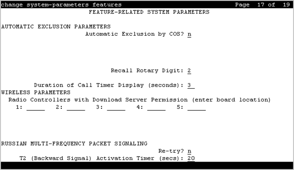 The screenshot of page 17 of the Feature-related system parameters screen