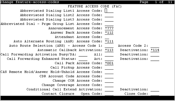 The screenshot of page 1 of the Feature Access Codes screen