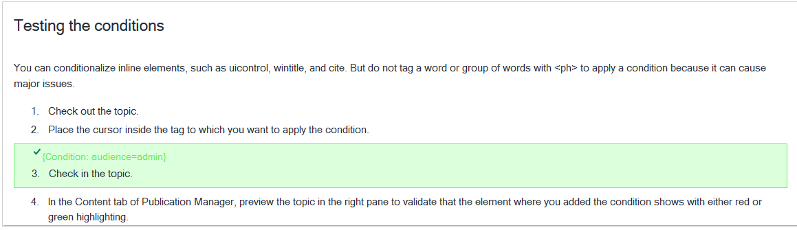 Conditioned content in the preview with no condition context in the Conditions tab.