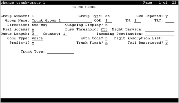 The screenshot of page 1 of the trunk group screen