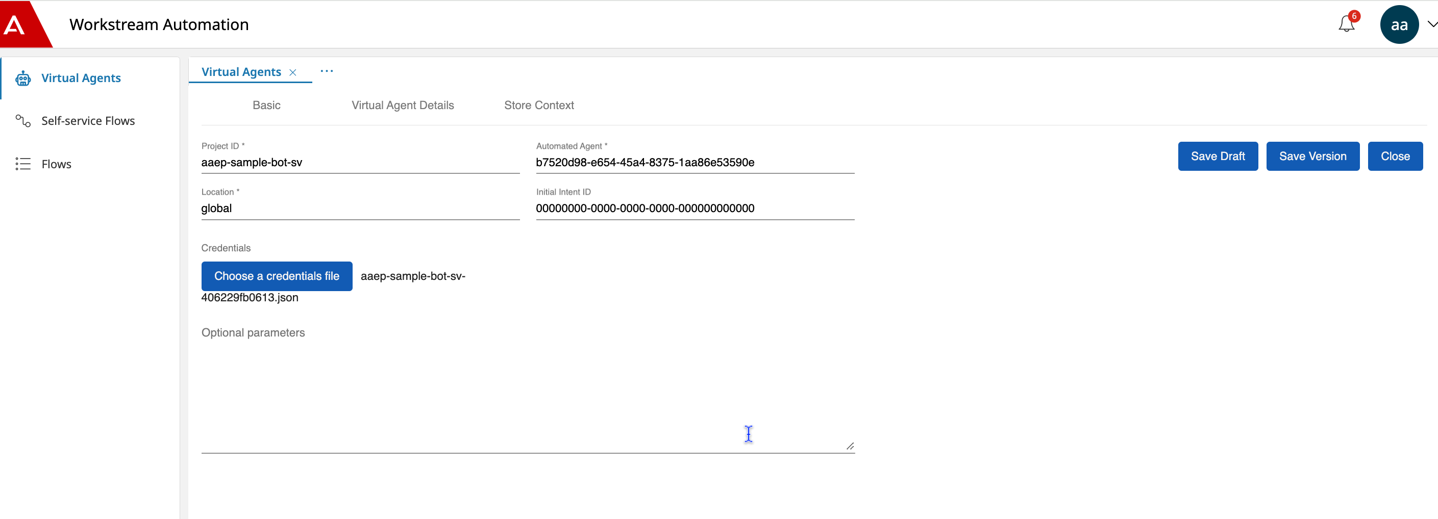 Configuração de agente virtual