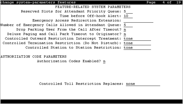 The screenshot of page 4 of the Feature-related system parameters screen