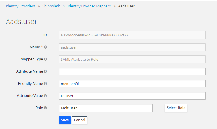 The image of the attribute mapping screen. The Mapper Type is SAML attribute to Role Mapper, and there is an option to select a role.