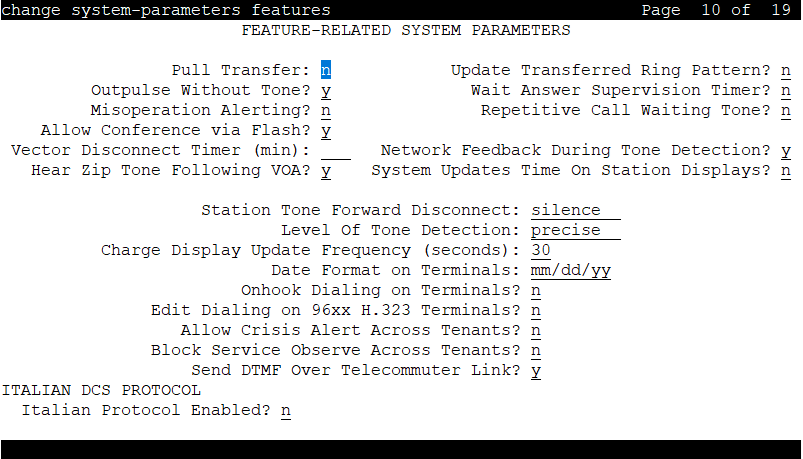 The screenshot of page 10 of the Feature-related system parameters screen