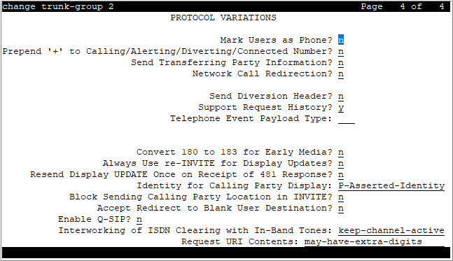 The screenshot of the Protocol Variations page of the trunk group screen