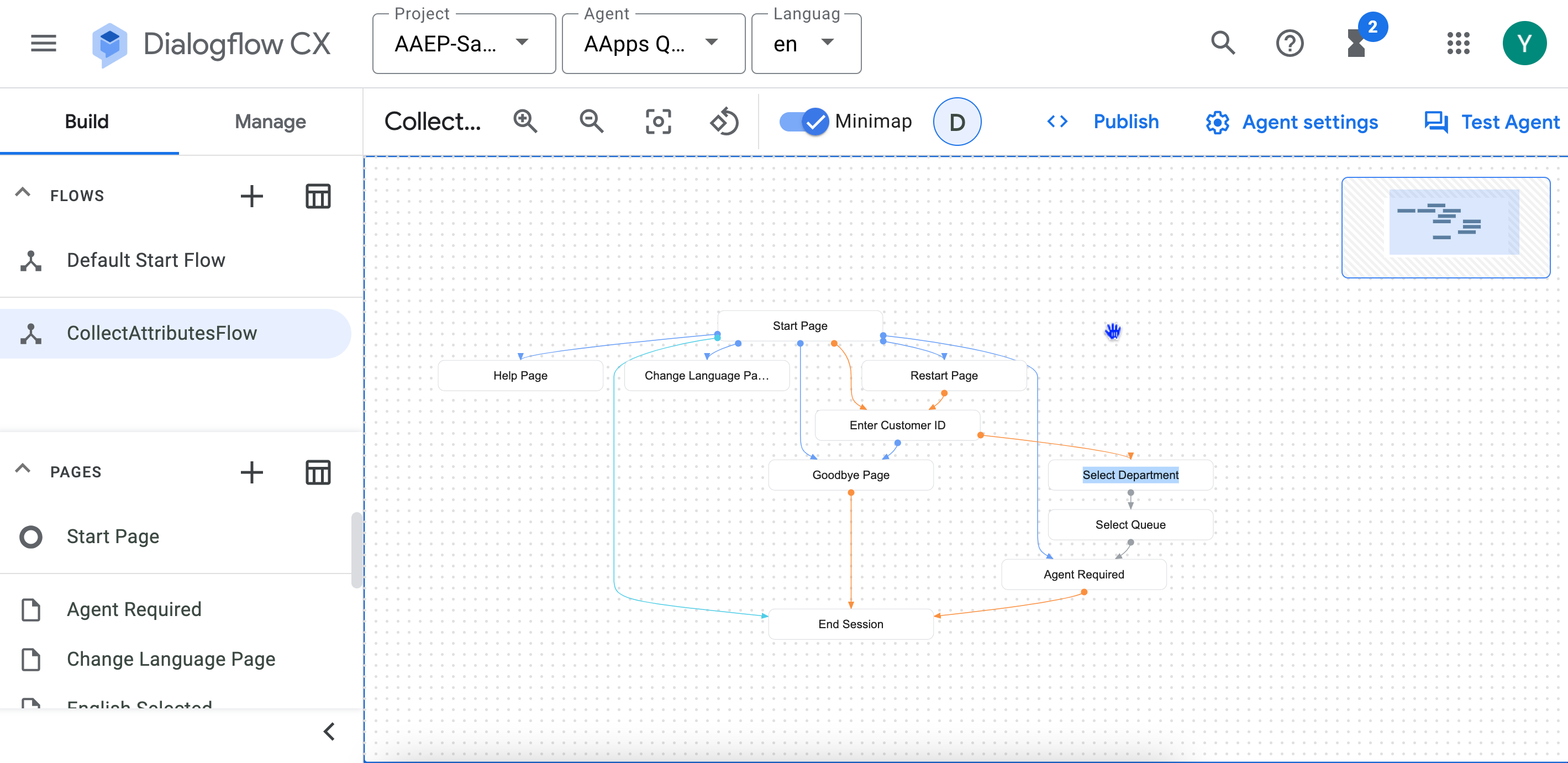 Exemple de configuration de Google Dialogflow