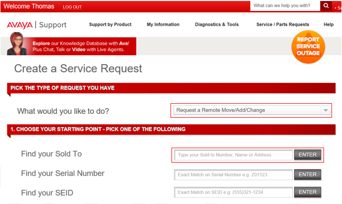 Screen shot of create service request page.