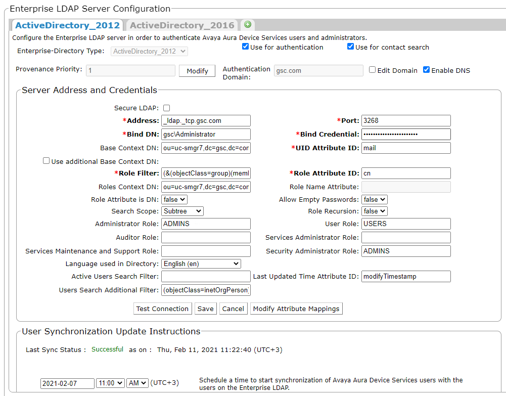 A screen shot of the Enterprise LDAP Server Configuration page with configured LDAP server settings.