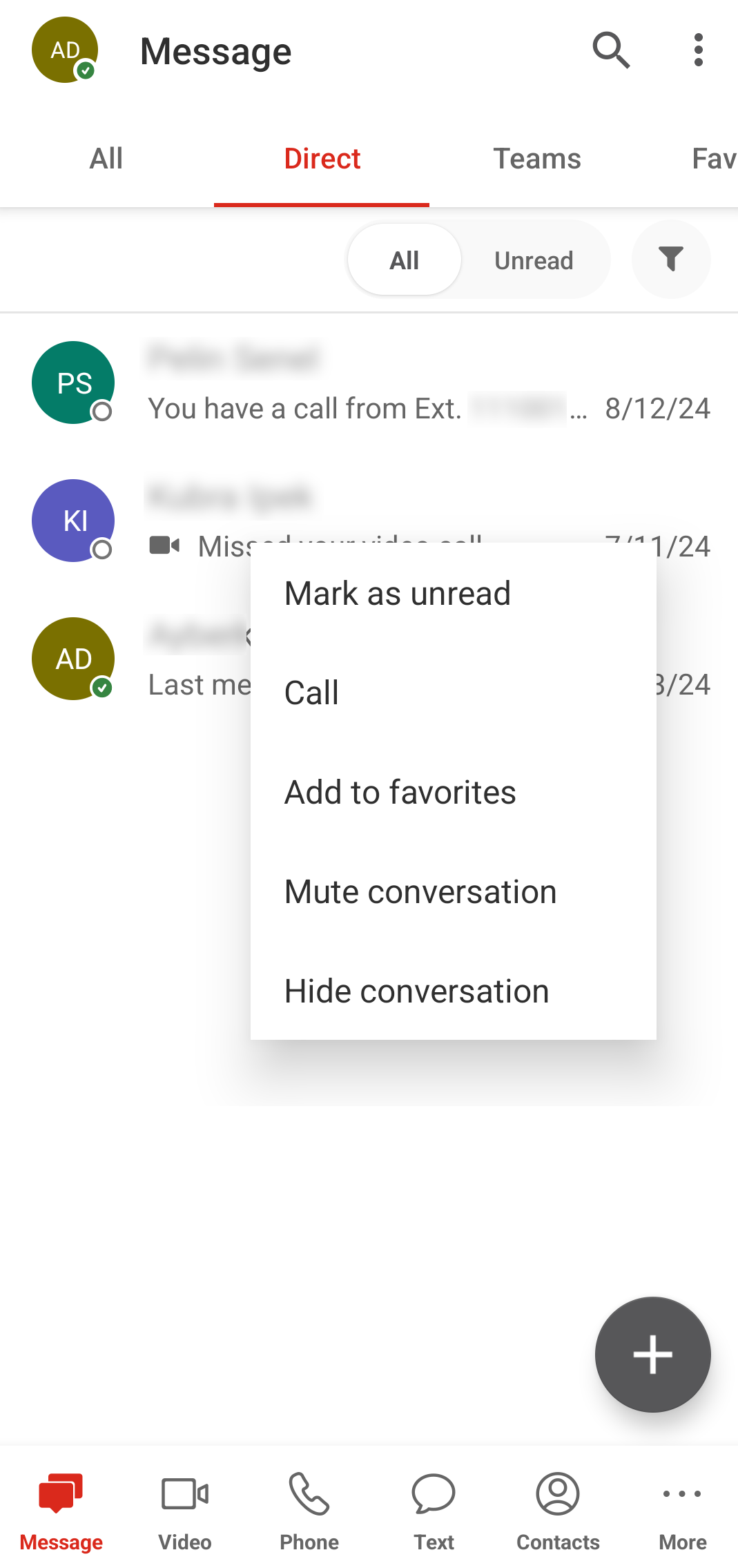 The Conversation context menu