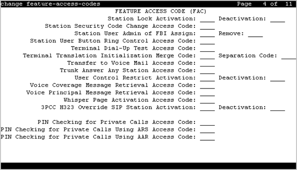 The screenshot of page 4 of the Feature Access Codes screen