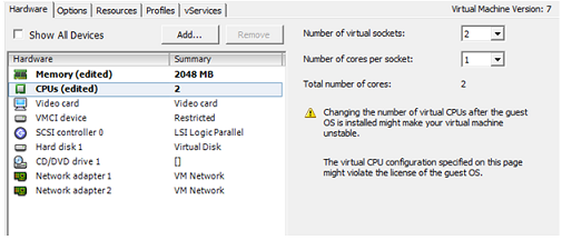 Image of CPUs selected and number of virtual sockets fields