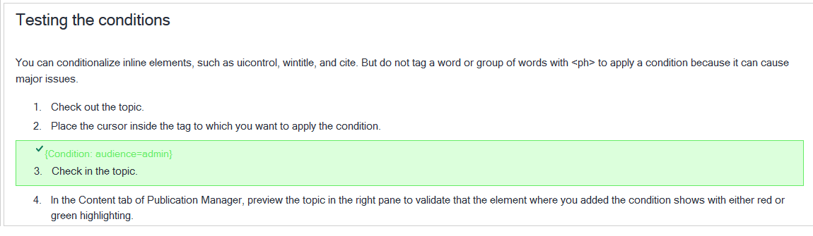 Conditioned content in the preview when condition and condition values are defined in the Conditions tab.