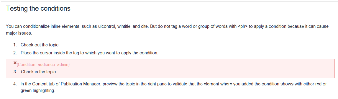 Conditioned content in the preview with empty condition context in the Conditions tab.