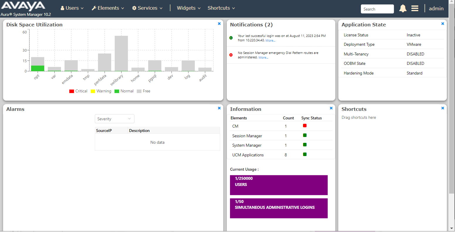 System Manager dashboard with quick navigation bar, user preference, and log
