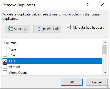 Click Remove duplicates and sort by GUID column