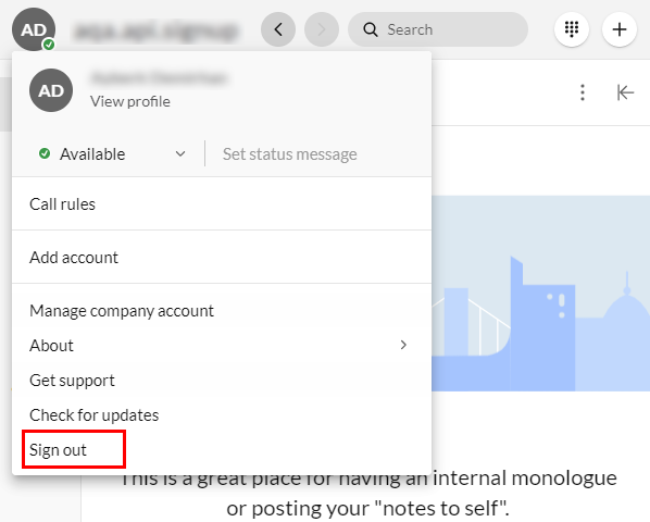 Screenshot with Sign out highlighted