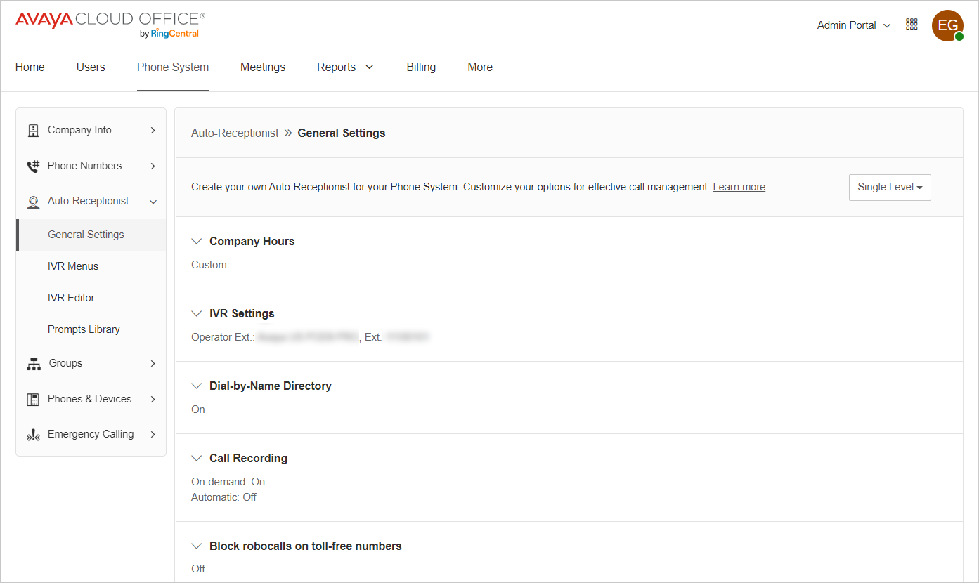 the Auto-receptionist general settings screenshot
