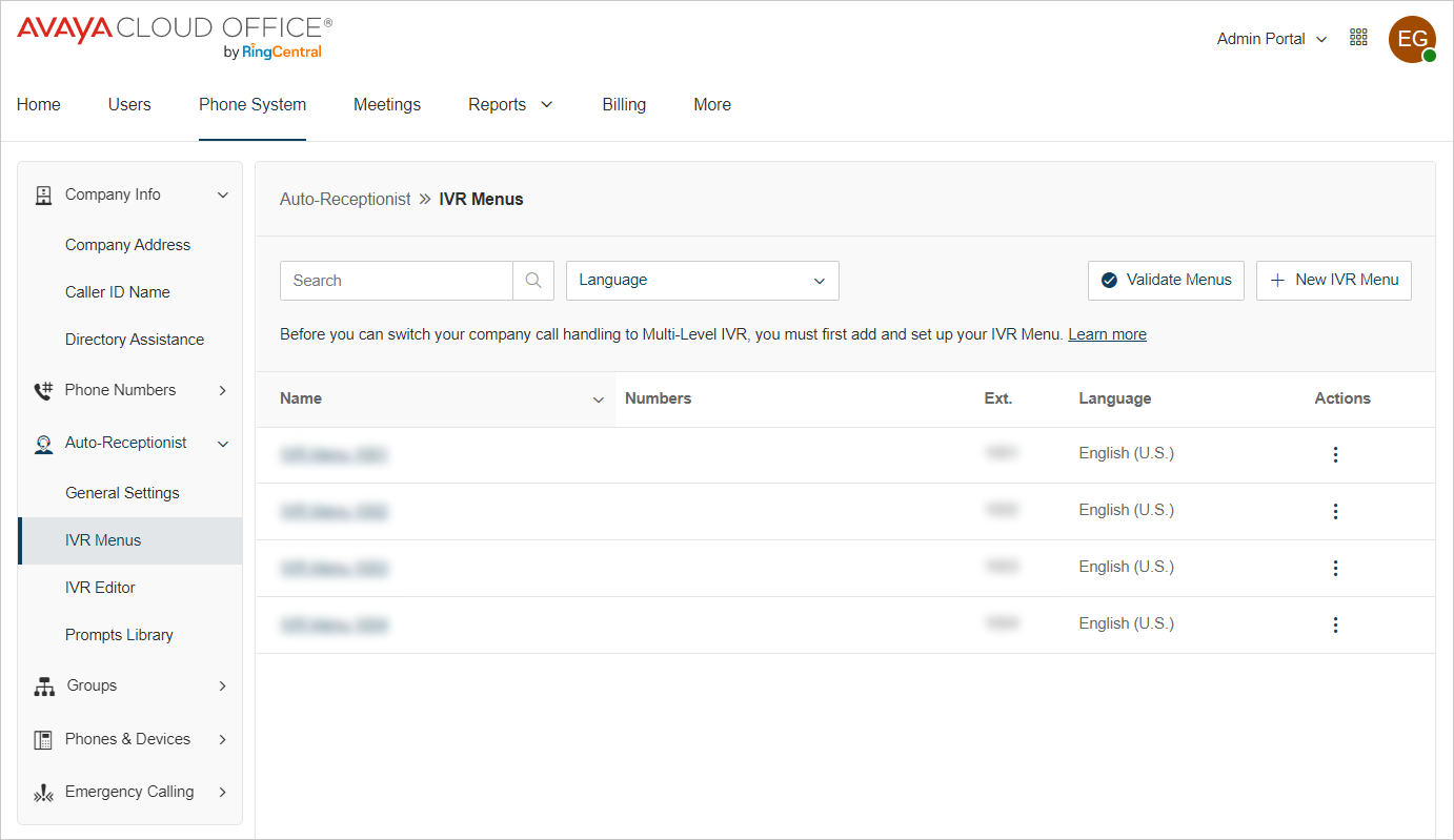 the IVR Menus screenshot
