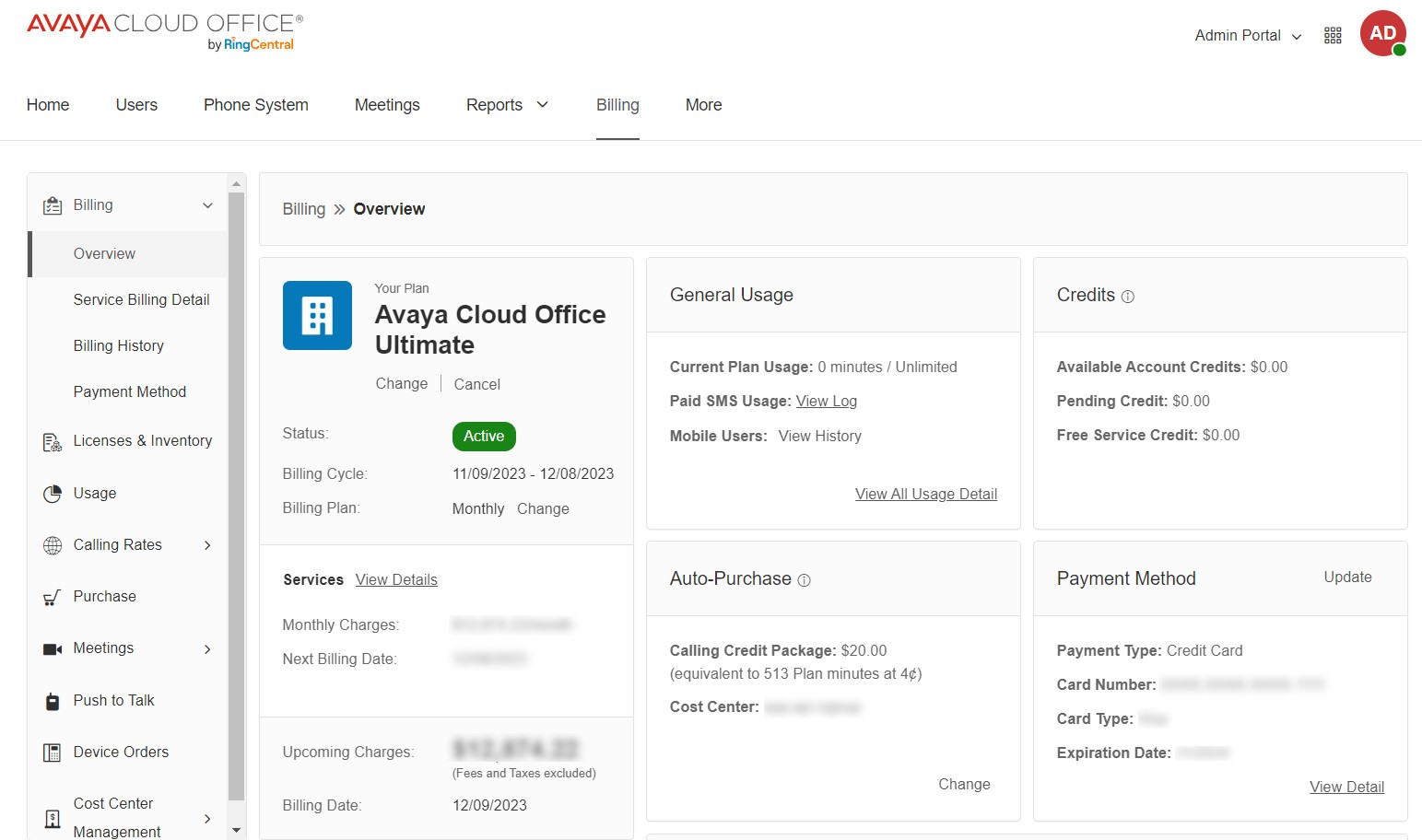 the Billing Overview screen screenshot