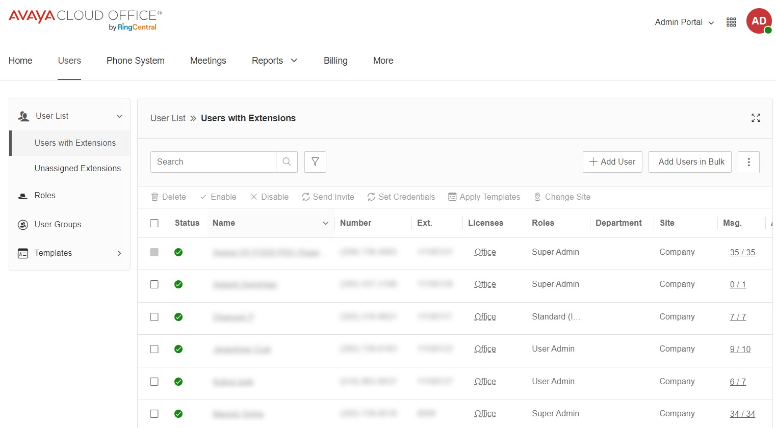 the Users with Extensions screen screenshot