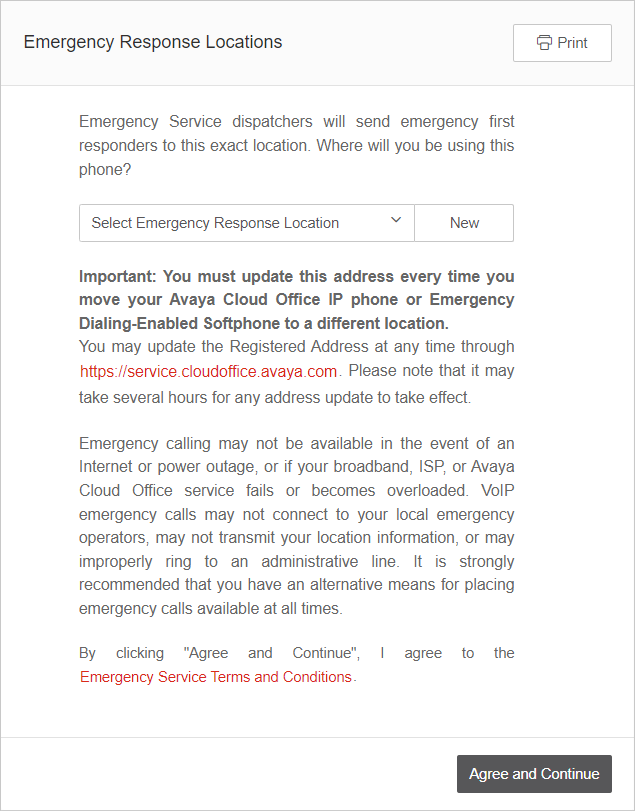 Screenshot displaying the Emergency Response Locations page