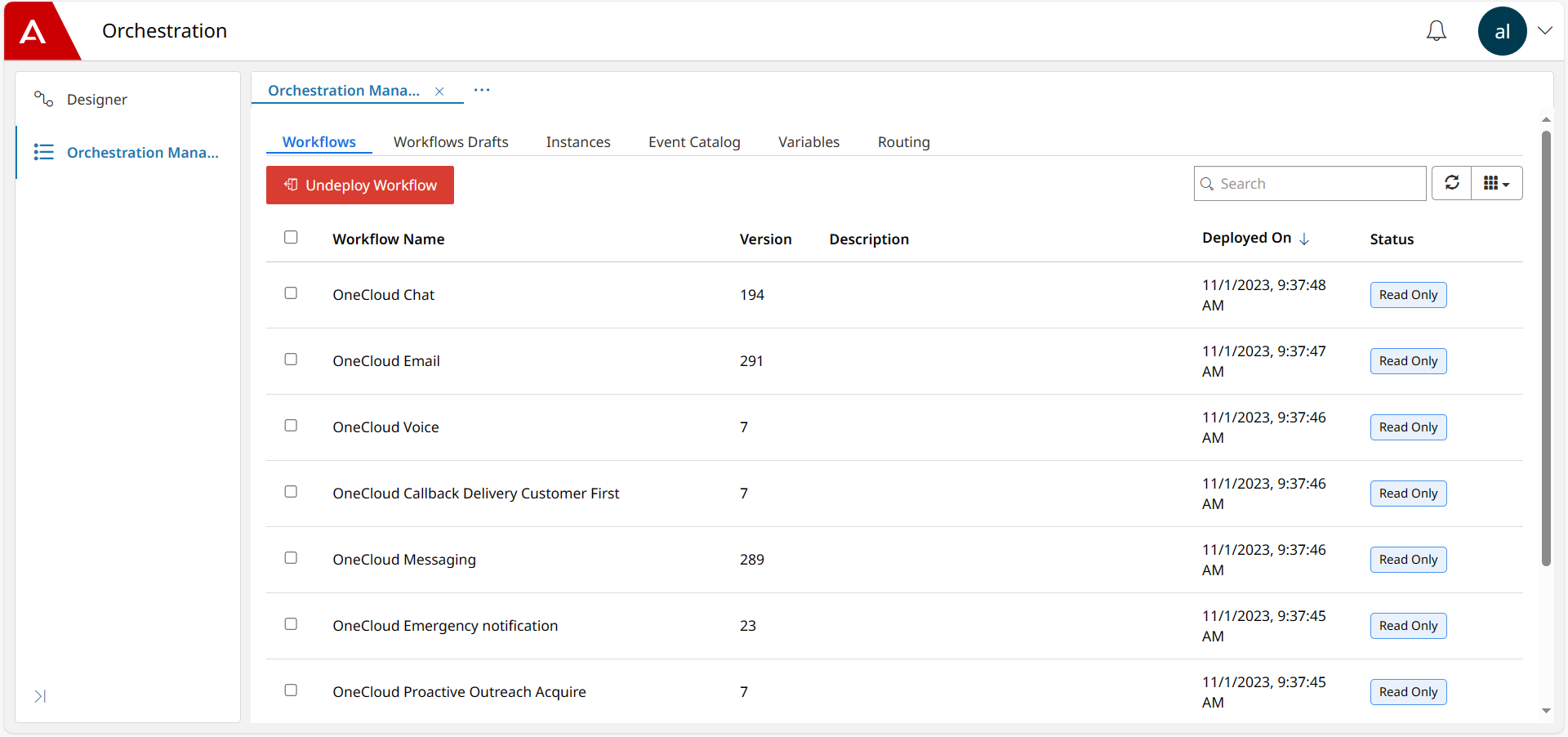A screenshot showing the Orchestration manager interface with the Workflows
                        tab open