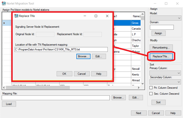 The Replace TNs dialog box for CS1000M