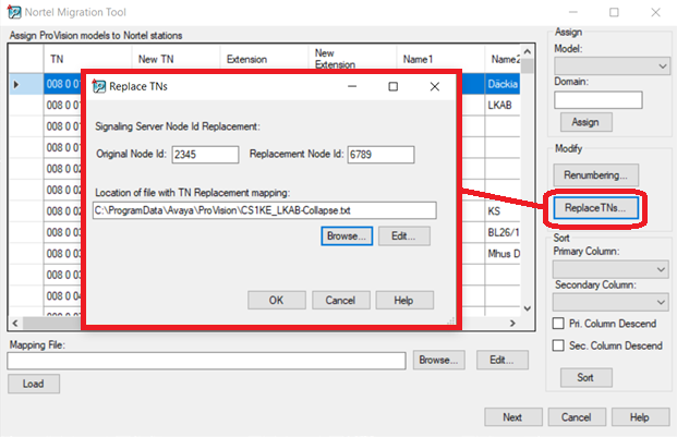 The Replace TNs dialog box for CS1000E