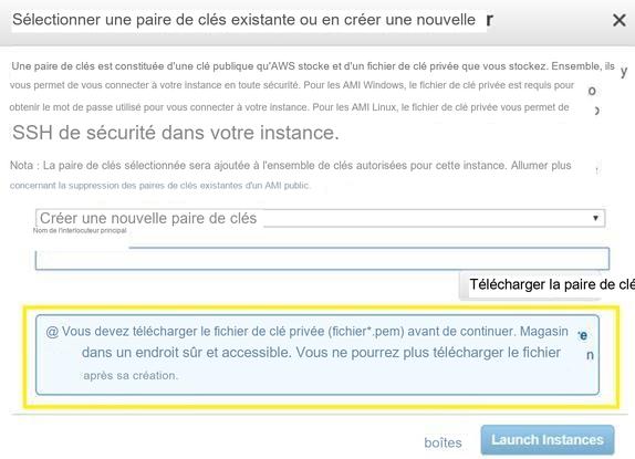 Sélectionnez une paire de clés existante ou créez une nouvelle boîte de dialogue de paire de clés