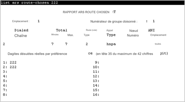 Illustre l'écran du rapport ARS Route Chosen.