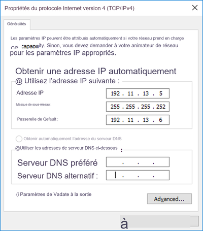 Paramètres du protocole Internet de l'ordinateur portable pour System Manager
