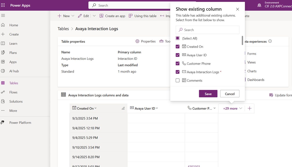 De tabelconfiguraties voor details van het interactielogboek